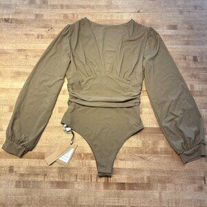 NWT Tan Long Sleeve Bodysuit V Neck Ruched Waist Sexy Party Top